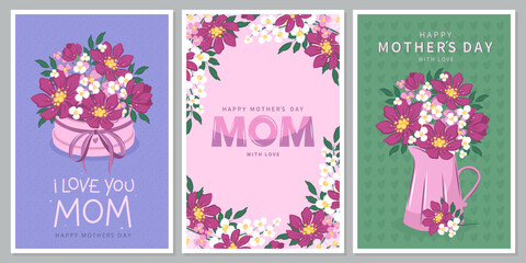 Happy Mother's Day card set, Spring summer floral design. For the best mom inscription. Vector illustration for banner, poster, label, template or cover with flowers frame. 