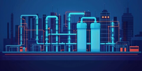 hydrogen storage economy&nbsp;concept. Industrial cityscape with pipelines and towers in a modern design.