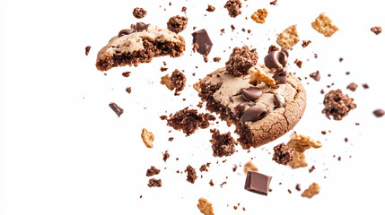 chocolate cookies and cake crumble pieces falling down on white background.ai 