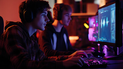 Fototapeta premium Two friends are fully engaged in a multiplayer gaming session at home, using high-tech equipment. The room is dimly lit, creating a vibrant gaming atmosphere as they communicate and strategize.