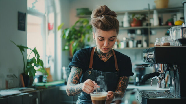 A non-binary barista with intricate tattoos prepares a steaming cup of specialty coffee in a stylish home kitchen filled with greenery and modern decor. - Powered by Adobe