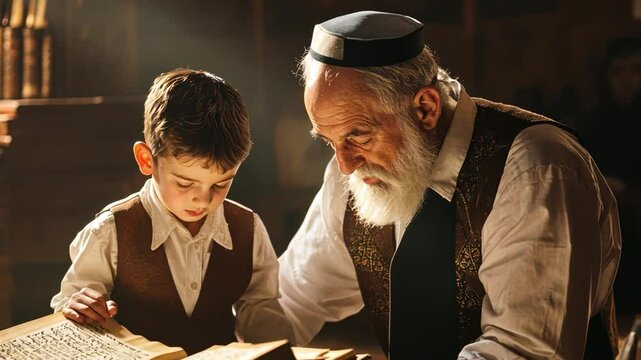 The Timeless Bond: A grandfather and his grandson share a moment of learning and connection, engrossed in a book illuminated by soft light.