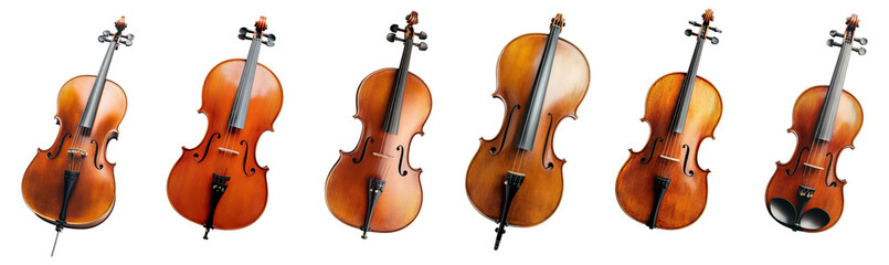 Fototapeta premium Variety of elegant cellos and violins displayed from flat lay view isolated on transparent background