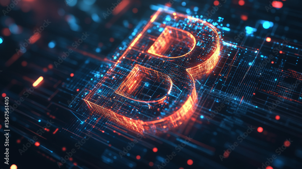 Poster isometric abstract big data visualization. futuristic b letter design. visual information complexity