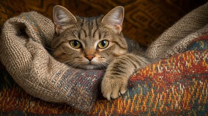 A tabby cat snuggled up in a blanket gives an adorable look to the camera