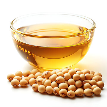 Soybean oil in glass bowl with soybeans on white background