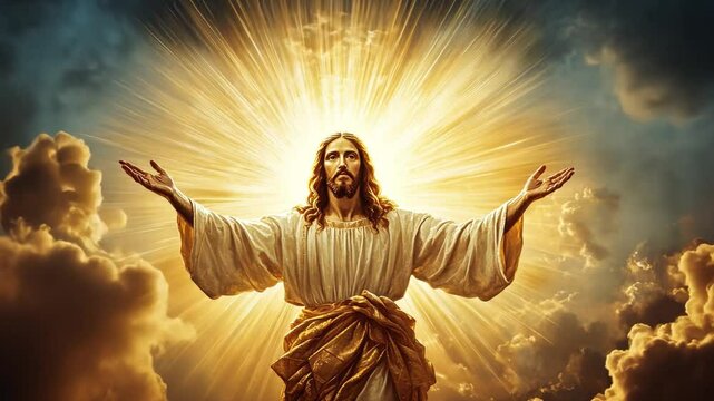 Heavenly Guidance: An awe-inspiring depiction of a divine figure bathed in radiant light, arms outstretched in a gesture of benevolent guidance, against a backdrop of celestial clouds.