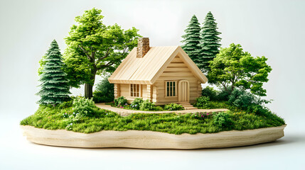 Wooden Cabin 3D Illustration in Lush Green Forest