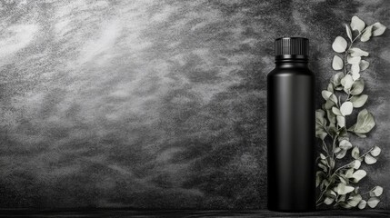 Fototapeta premium Tall Black Cylindrical Bottle with Leaves on a Textured Grayscale Surface