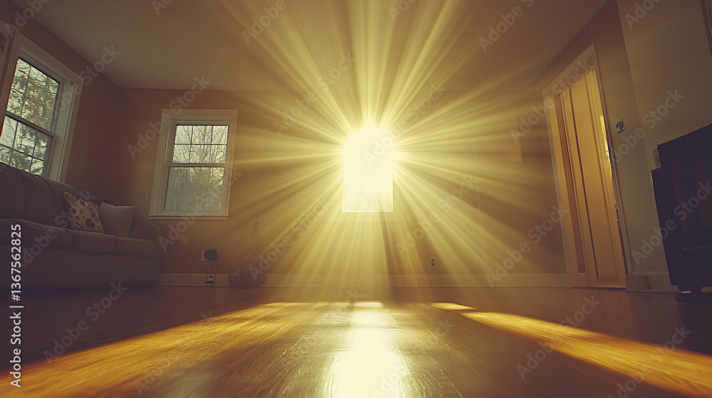 Poster radiant sun shining through a window creating beautiful warm light that washes over the space enhanc