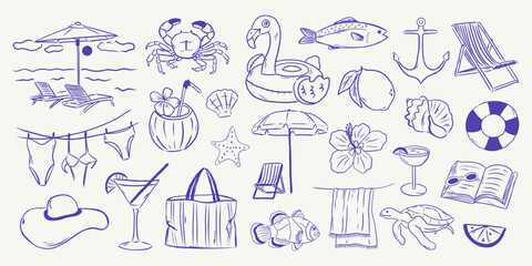Hand drawn sketch style summer vacation collection. 