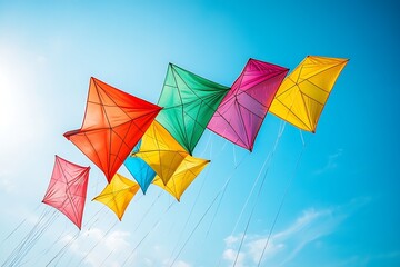 A collection of colorful kites flying together in the same direction, symbolizing the unity of movement and purpose