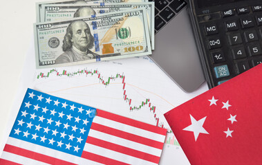 USA and China flag on coins stacking, Concept of Recession conflict tax business finance money, Symbol of economic tariffs trade war and tax barrier between United States of America and China.