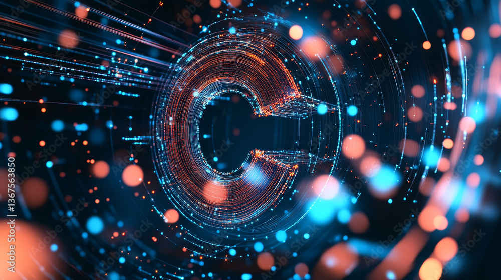 Poster isometric abstract big data visualization. futuristic c letter design. visual information complexity
