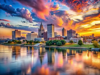 Evansville Indiana Skyline Panoramic - Stunning Riverfront Cityscape at Sunset
