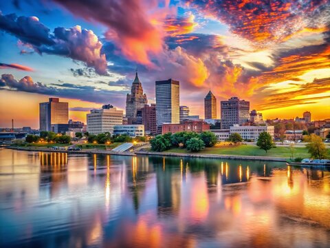 Evansville Indiana Skyline Panoramic - Stunning Riverfront Cityscape at Sunset