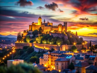 Fototapeta premium Evening Cityscape: Modern Building with Citadel Background - High-Resolution Stock Photo