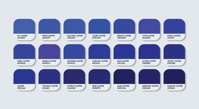 Zaffre Color Guide Palette with Color Names. Catalog Samples Zaffre with RGB HEX codes and Names. Beautiful Blue colour Palette Vector, ocean blue Color Palette, Fashion Trend Navy Blue Color Palette