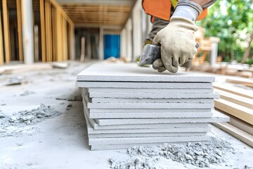 Construction Worker Laying Cement Boards Indoor Building Site
