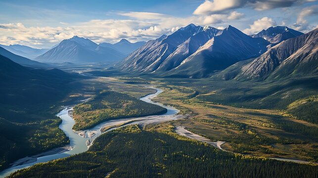 Aerial View of Winding River Valley with Mountains and Cloudy Sky