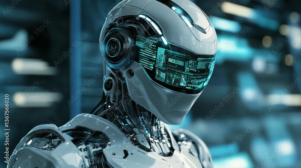 Poster isometric robot with artificial intelligence. robot cybernetic organism works with a virtual hud int