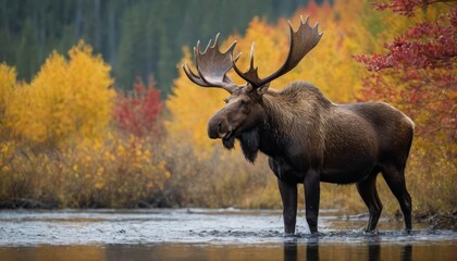 A large brown moose stands in a river with its head down