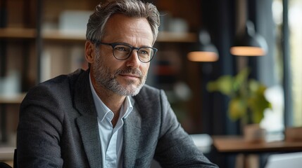 Fototapeta premium Businessman in a suit sits in office and works looking stock trading financial planning and investment visuals