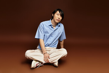 Obraz premium Stylish young Asian man poses confidently in a modern studio setting