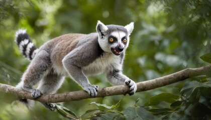 Obraz premium A lemur is standing on a branch in a forest