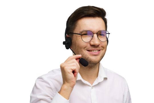 Professional customer service representative wearing headset and smiling in a light background during work hours
