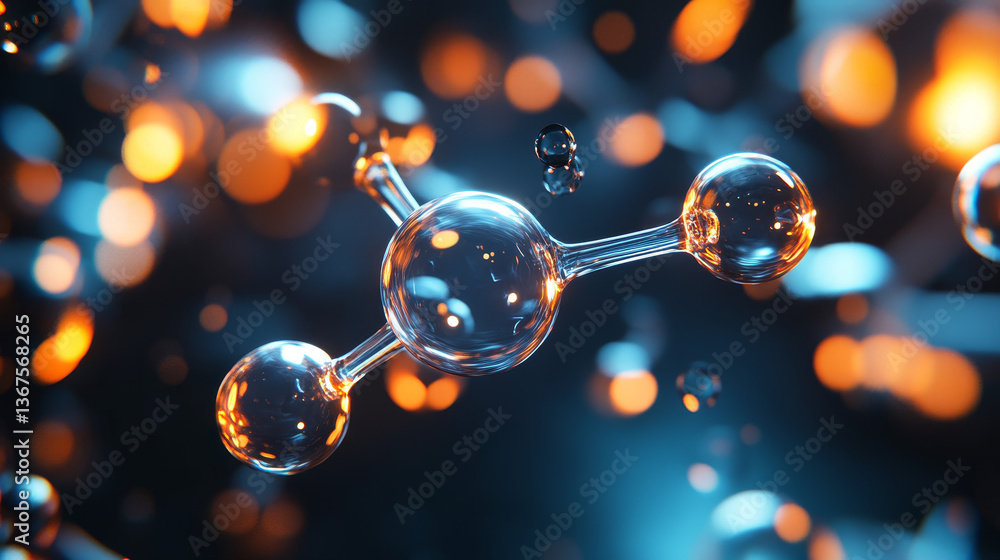 Poster transparent oxygen molecule bubble shape. glowing o2 molecular formula model. science and experiment