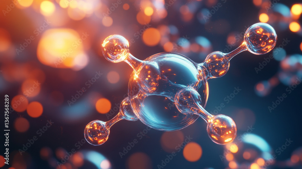 Poster transparent oxygen molecule bubble shape. glowing o2 molecular formula model. science and experiment