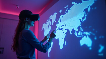 Mujer interactuando con mapa digital usando visor de realidad virtual