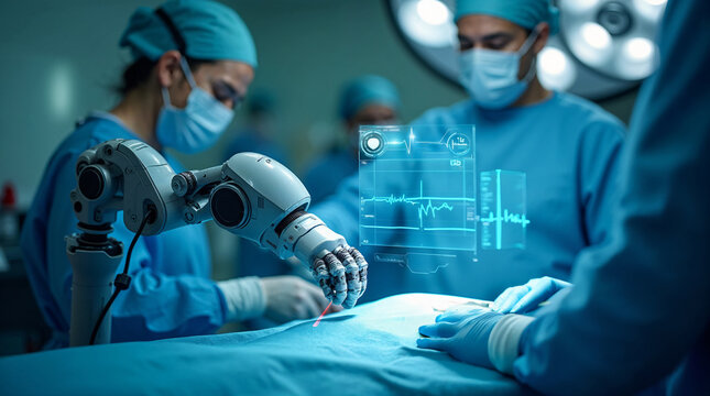 Cirujanos y brazo rob&oacute;tico realizando operaci&oacute;n con tecnolog&iacute;a avanzada