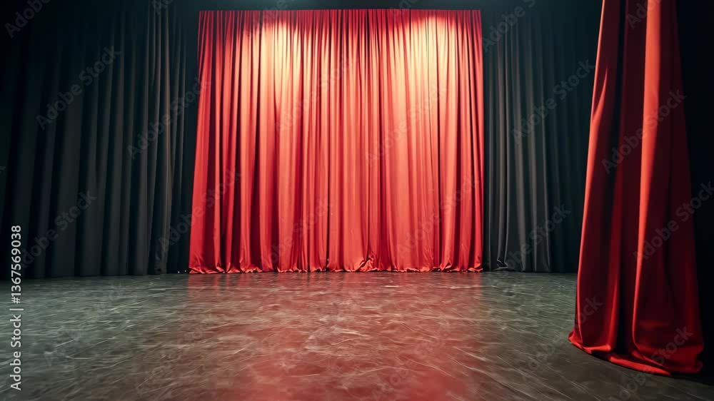 Poster red curtains create an inviting atmosphere on stage just before the performance begins in a theater 