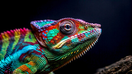 Obraz premium A vibrant chameleon stands in front of a rainbow light, showcasing its colorful skin against a bright, multicolored backdrop