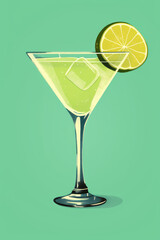 Vibrant margarita cocktail art featuring a glass with ice and lime on a fresh green background for contemporary decor