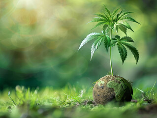 Marijuana plant growing in an earth globe,symbolizes hope and sustainability in modern wall art