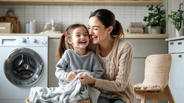Mother-Daughter Laundry Time: A warm and tender moment captured as a mother and daughter share a giggle while folding laundry together in a bright, inviting laundry room, full of love and happiness.