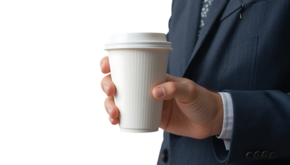 A hand in a suit holding a white disposable coffee cup png