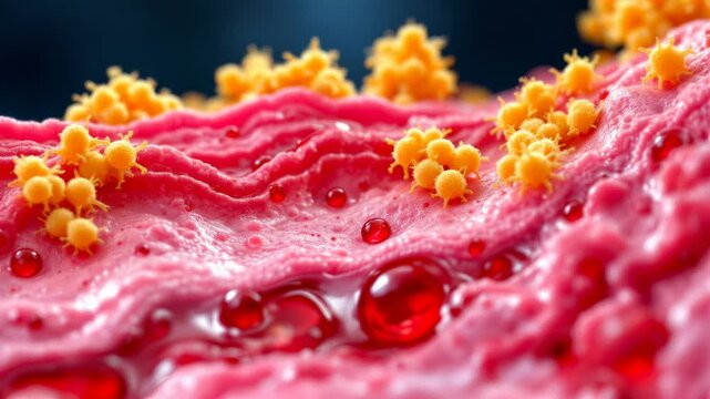 Staphylococcus aureus bacterial skin infection, microscopic view. Clusters of golden-yellow staph bacteria burrow into pale pink epidermal cells, releasing dark red pus droplets