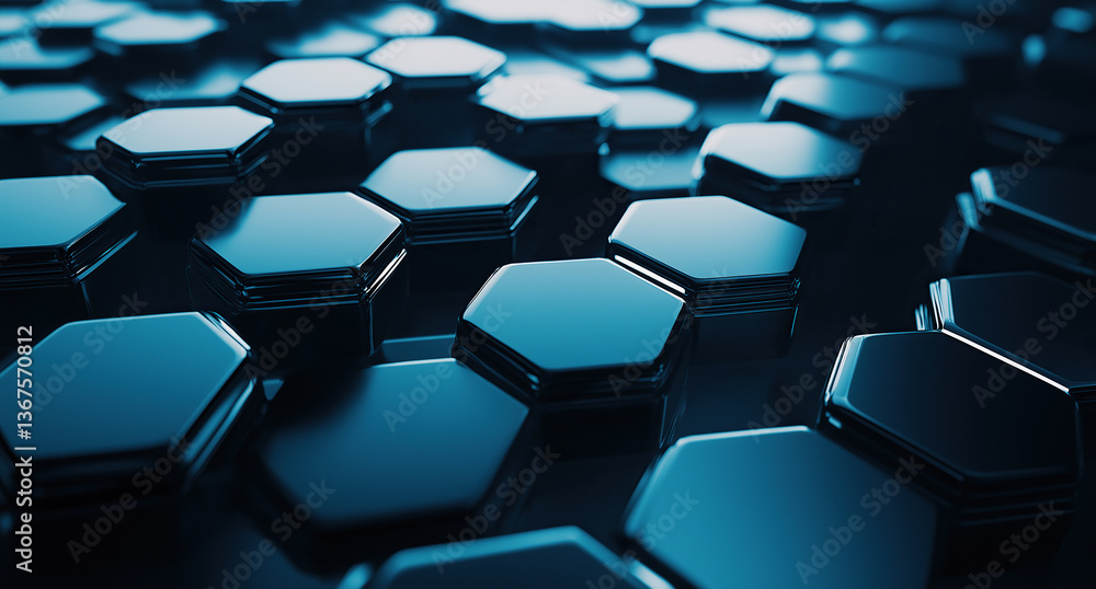 Poster illuminated blue hexagonal pattern creates futuristic technological surface