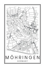Obraz premium Hand drawn printable downtown road map poster of borough MÖHRINGEN of the German city of STUTTGART on solid white background with city name
