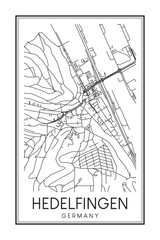 Hand drawn printable downtown road map poster of borough HEDELFINGEN of the German city of STUTTGART on solid white background with city name