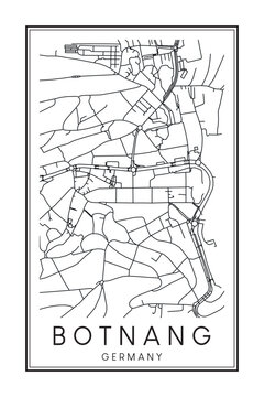 Hand drawn printable downtown road map poster of borough BOTNANG of the German city of STUTTGART on solid white background with city name