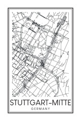 Hand drawn printable downtown road map poster of borough STUTTGART-MITTE of the German city of STUTTGART on solid white background with city name
