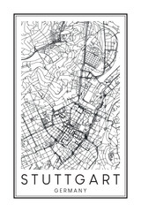 Obraz premium Hand drawn printable downtown road map poster of the German city of STUTTGART on solid white background with city name
