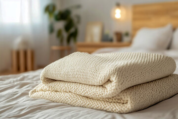 Cozy bedroom interior design with folded knit blanket on bed for home decor and lifestyle ideas