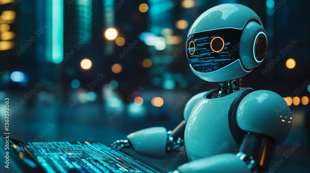 Poster isometric internet bot and cybersecurity, artificial intelligence concept. chatbot free robot virtua