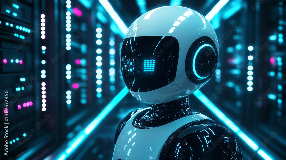 Poster isometric internet bot and cybersecurity, artificial intelligence concept. chatbot free robot virtua